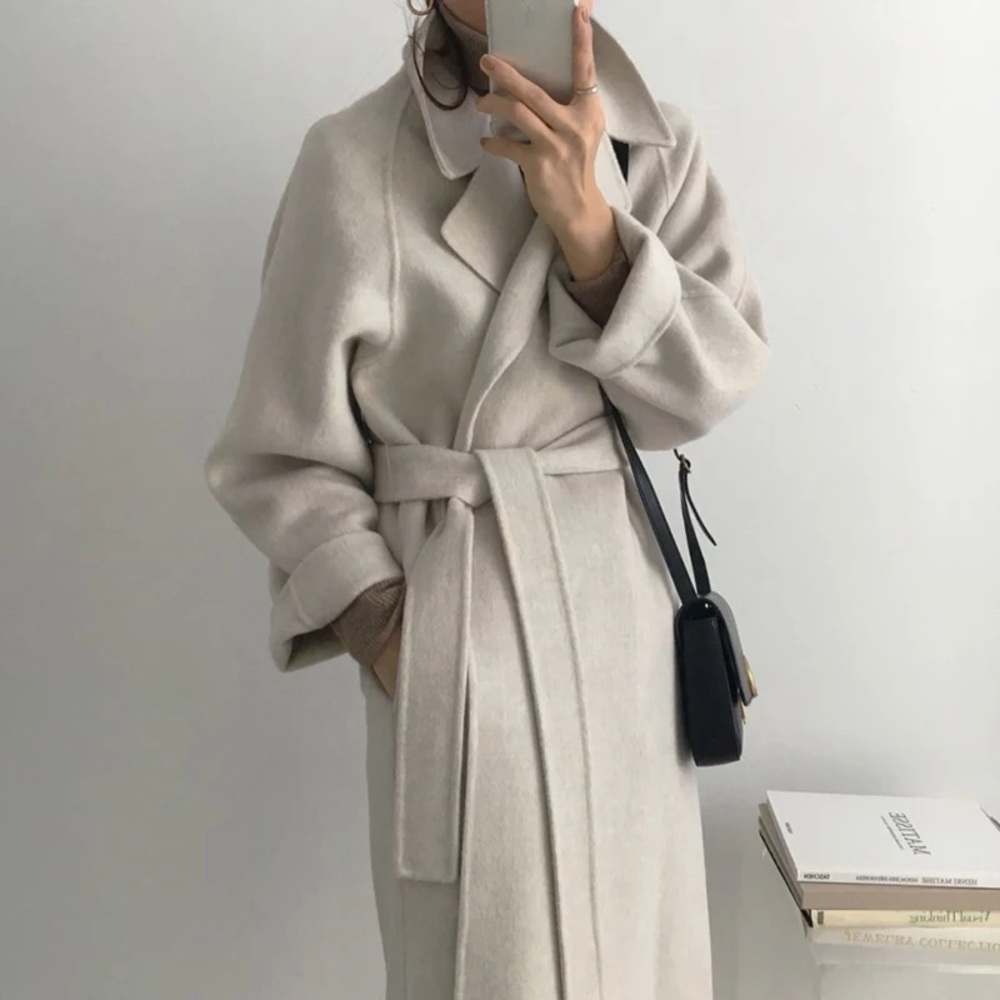 Wool coat long Heather Gray womens belted collar jacket - Picture 2 of 6